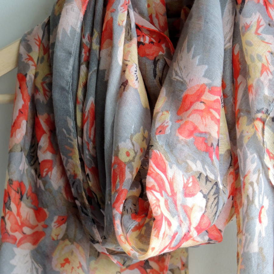Grey And Coral Floral Print Scarf By The Alphabet Gift Shop ...