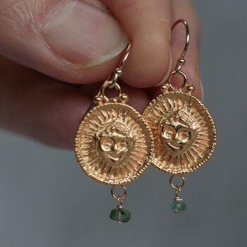 Helios Sun Coin Gold Drop Earrings, 2 of 8