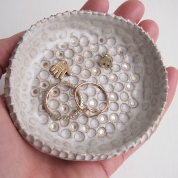 Handmade White Ceramic Ring Dish With Gold Dots, 3 of 6