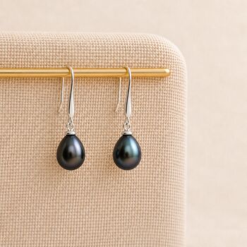 Sterling Silver Black Freshwater Pearl Drop Earrings, 6 of 8