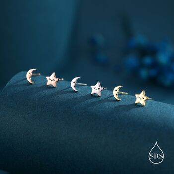 Sterling Silver Mismatched Cute Star And Moon Stud Earrings, 2 of 12