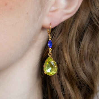 Statement Lime Green And Blue Rhinestone Drop Earrings, 2 of 8