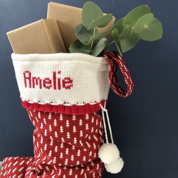 Red Personalised Christmas Stocking With Knitted Cuff, 4 of 6
