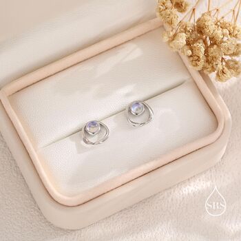 Sterling Silver Simulated Moonstone And Mobius Circle Stud Earrings, 3 of 11