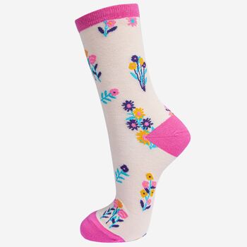 Women's Floral Bamboo Socks Pink Wild Flowers, 2 of 2