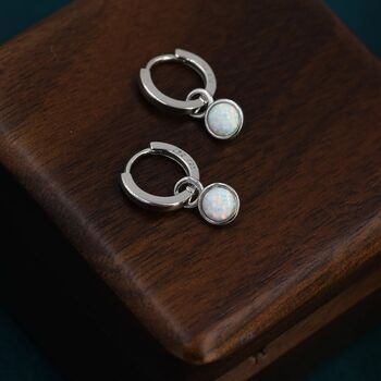 Sterling Silver Dangling White Opal Hoop Earrings, 5 of 11