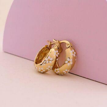 White Daisy Flower 18ct Gold Plated Huggie Hoop Earrings, 2 of 6