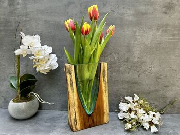 26cm V Shaped Molten Glass Vase On Teak Root – Handmade Wooden, 8 of 12