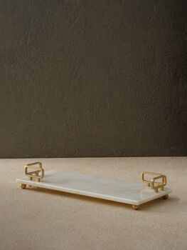 Handmade Rectangular White Marble Tray With Gold Square Handles, 5 of 9