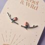 Enamel Robin With Winter Branch Stud Earrings, thumbnail 2 of 3