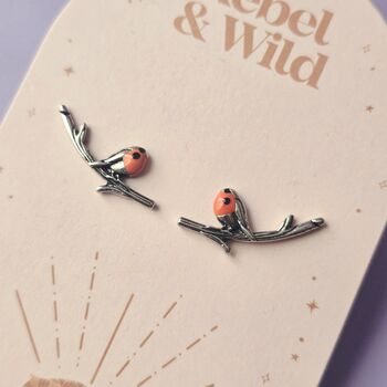 Enamel Robin With Winter Branch Stud Earrings, 2 of 3
