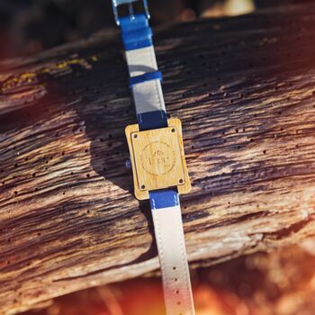 Coral Blue Face Bamboo Watch With Leather Strap, 3 of 7