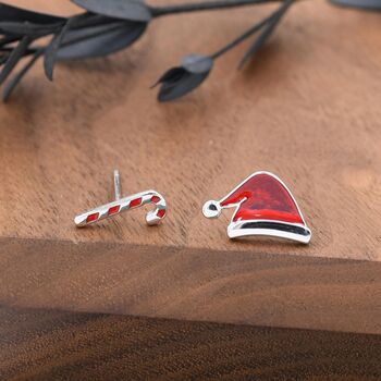 Mismatched Enamel Christmas Hat And Candy Cane Stud Earrings In Sterling Silver, 3 of 10