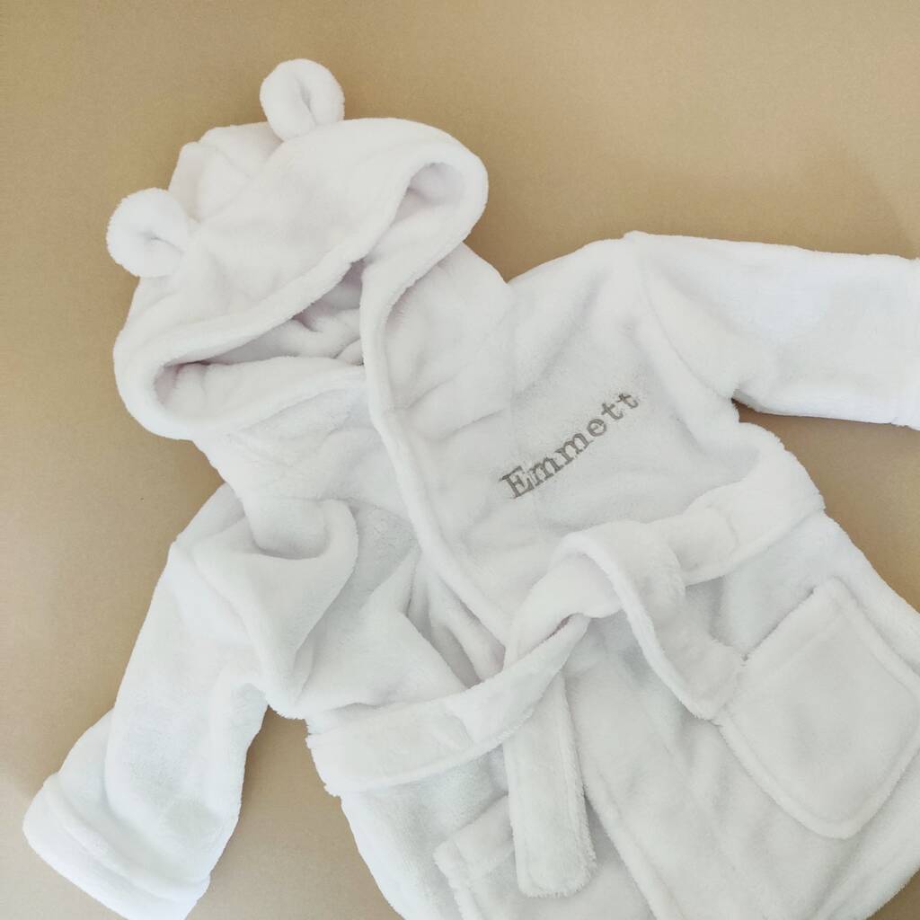 Personalised Unisex Baby Hooded Bath Robe By Mimi & Thomas® cashmere