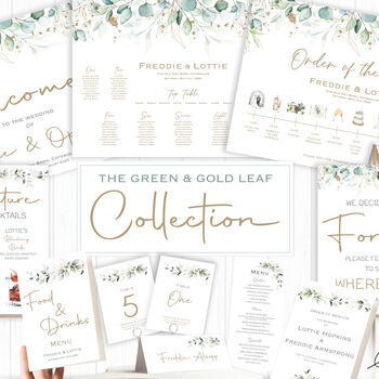 Wedding Custom Cocktail Menu Green And Gold Leaf, 9 of 9