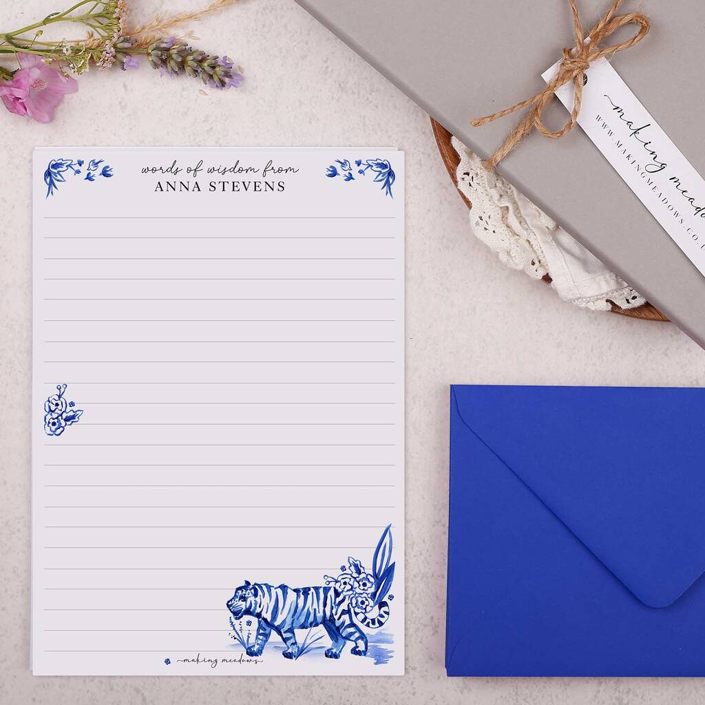A5 Personalised Letter Writing Paper With Blue Tiger By Making Meadows