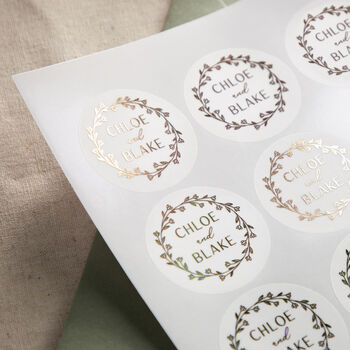 Names And Wreath Foiled Wedding Stickers, 2 of 3