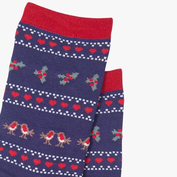 Women's Bamboo Socks Navy Red Robin Fair Isle, 3 of 3