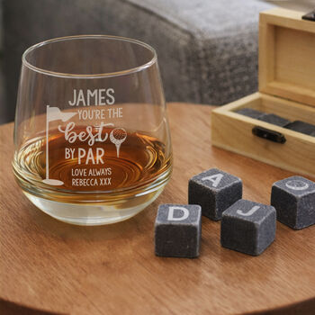 Personalised 'Best By Par' Glass And Whisky Stones Set, 5 of 9