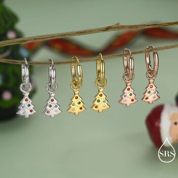 Dainty Christmas Tree Charm Hoop Earrings In Sterling Silver, 3 of 10