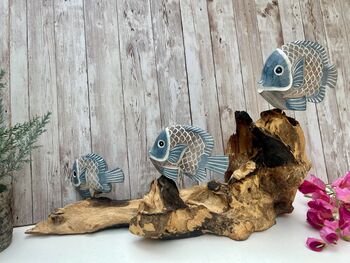 48cm Hand Carved Coral And Blue Fish Figurine On Teak Root Ornament, 3 of 9