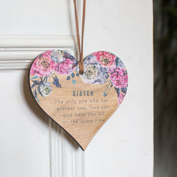 Pink Peony Sister Oak Wood Mini Heart Wall Hanging, 4 of 5