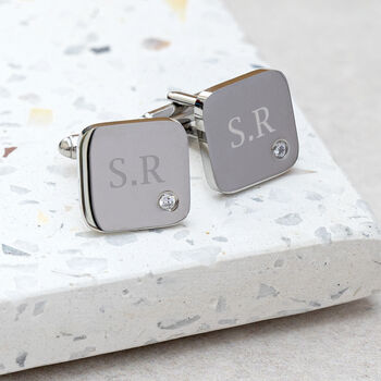 Personalised Men's Silver Tone Square Cufflink With Crystal, 2 of 12