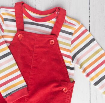 Red Organic Cotton Corduroy Dungarees And T Shirt Set, 5 of 6