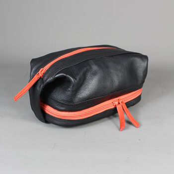Black Leather Open Top Wash Bag With Orange Zip, 3 of 7