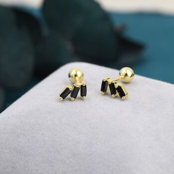 Sterling Silver Triple Black Baguette Cz Screw Back Earrings, 2 of 12