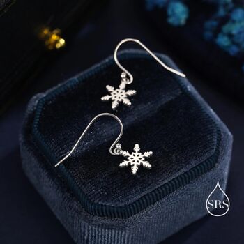 Sterling Silver Delicate Snowflake Drop Hook Earrings, 3 of 11