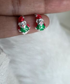 Santa Earrings 925 Sterling Silver Festive Earrings Gift For Her, Red And Green Enamel Holiday Jewellery, 3 of 8