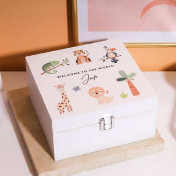 Personalised White Safari Keepsake Memory Box Gift For New Borns Birthday, 2 of 5