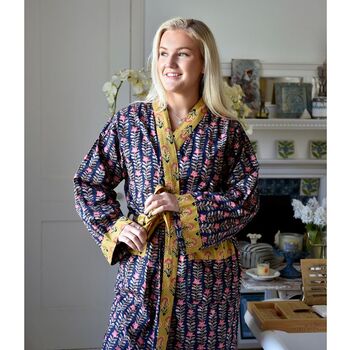Block Printed Navy Blue, Mustard And Pink Lily Cotton Dressing Gown, 6 of 8