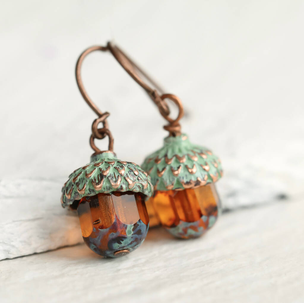 Verdigris Amber Acorn Earrings, 1 of 9