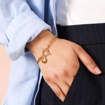 Stainless Steel T Bar Heart Charm Bracelet In Gold Plating, 3 of 6