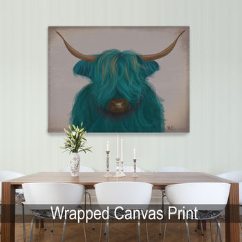 Highland Cow In Turquoise, Art Print Framed Or Unframed, 8 of 9
