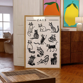 Black And White Cat Drawing Art Print, 4 of 5
