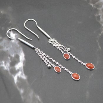 Red Coral Sterling Silver Drop Earrings, Long Earrings, 7 of 7