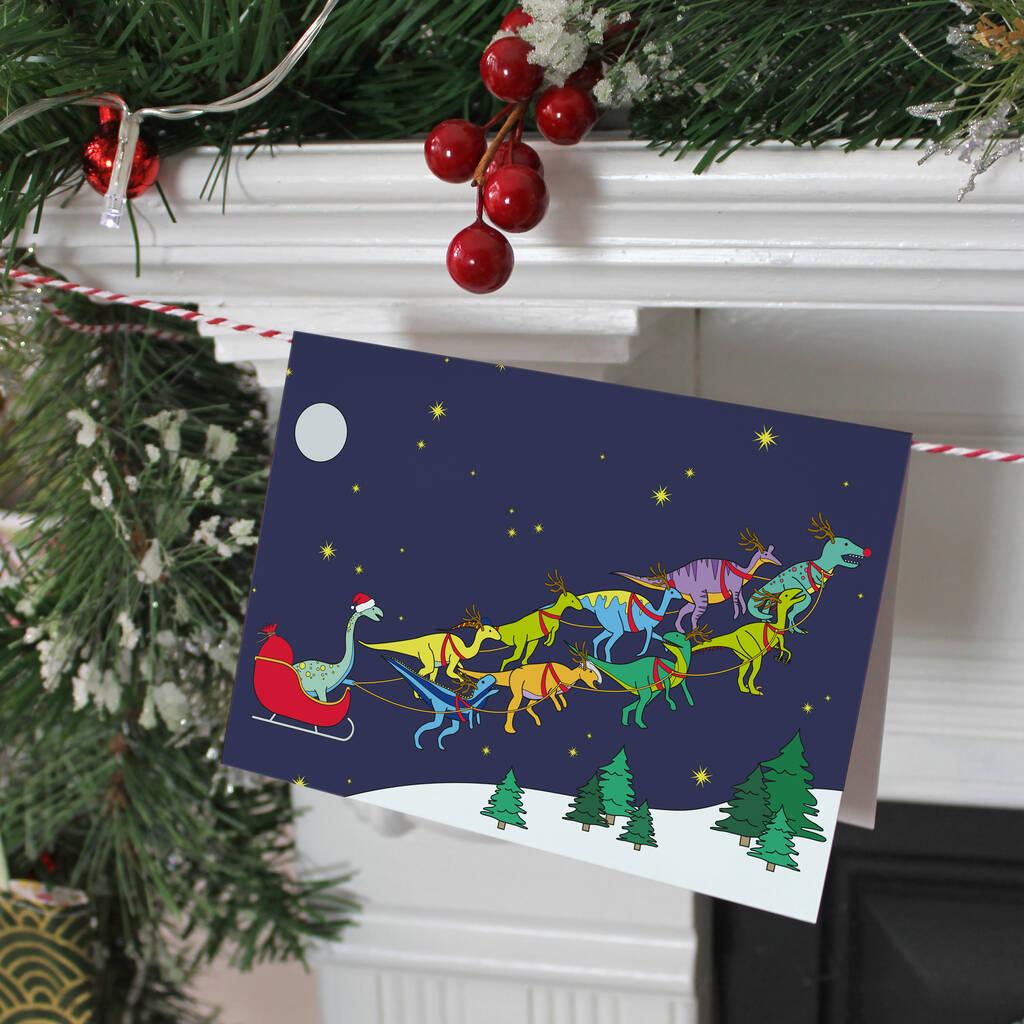Santa's Sleigh Dinosaurs Christmas Card, 1 of 2