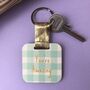 Personalised Teal Gingham Print Wooden Keyring, thumbnail 2 of 6