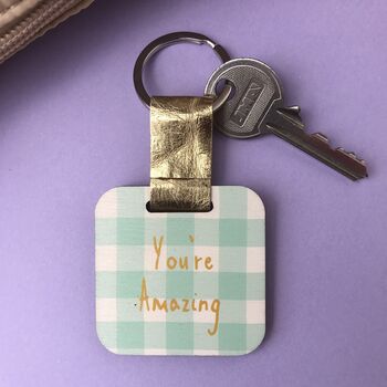 Personalised Teal Gingham Print Wooden Keyring, 2 of 6