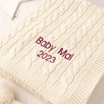 Personalised Unisex White Luxury Baby Cable Blanket, 2 of 12