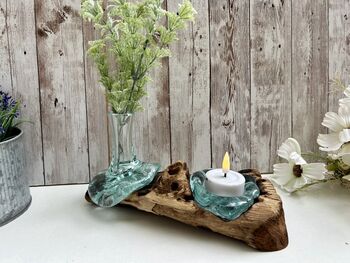 Molten Glass Mini Vase And Tealight Set On Teak Root Base, 5 of 12