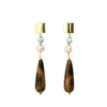 Fran Tiger's Eye Gold Plated Silver Drop Earrings, 3 of 4
