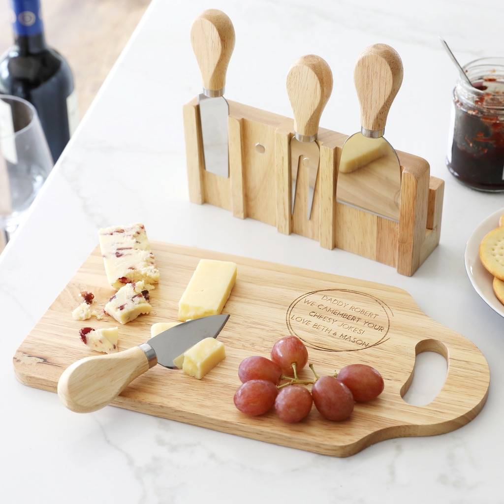 Personalised Wooden Cheese Board And Knives Set By Lisa Angel