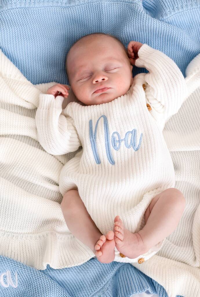 White Personalised Embroidered New Baby Name Long Sleeve Knitted Romper, 1 of 12