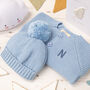 Luxury Blue Grey Bobble Hat And Cardigan Baby Gift Set, thumbnail 2 of 12