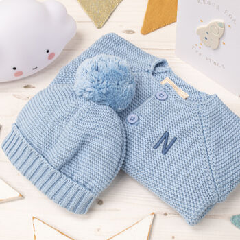 Luxury Blue Grey Bobble Hat And Cardigan Baby Gift Set, 2 of 12