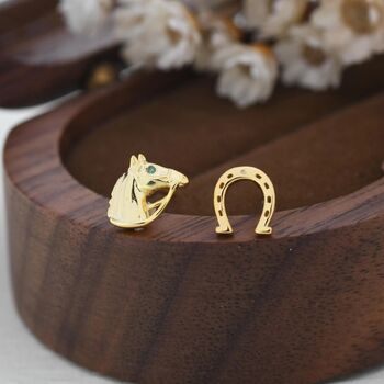 Sterling Silver Mismatched Horse Head And Horseshoe Stud Earrings, 3 of 12